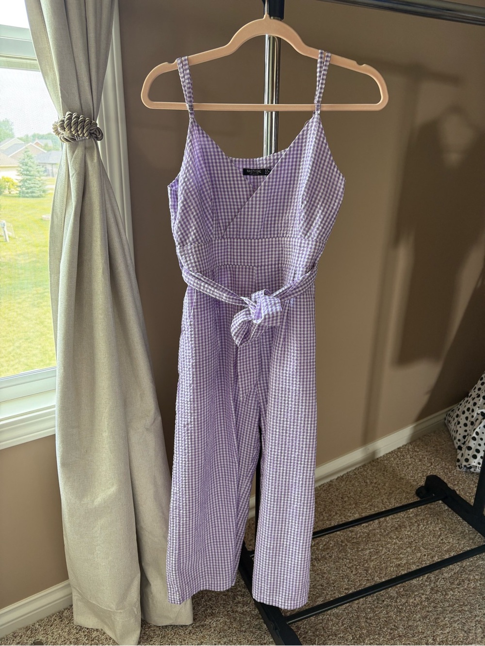 Nasty Gal Lavender Gingham Tie-Waist Jumpsuit